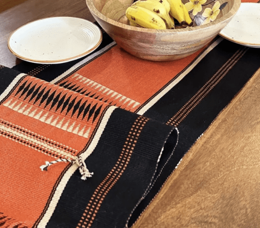 Table Runner In Rust & Black With Tangerine Striped | Eco Friendly Sustainable Embroidered Tableware | Handmade In India - Image 2